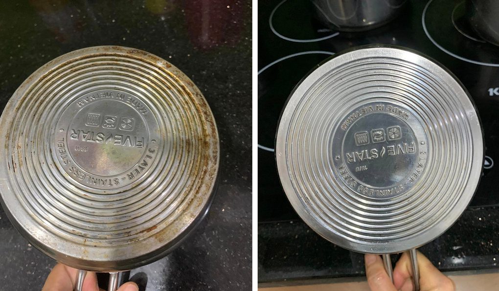 Cách rửa đáy nồi chảo inox sạch bong không tốn sức 2 Cách rửa đáy nồi chảo inox bằng viên rửa bát